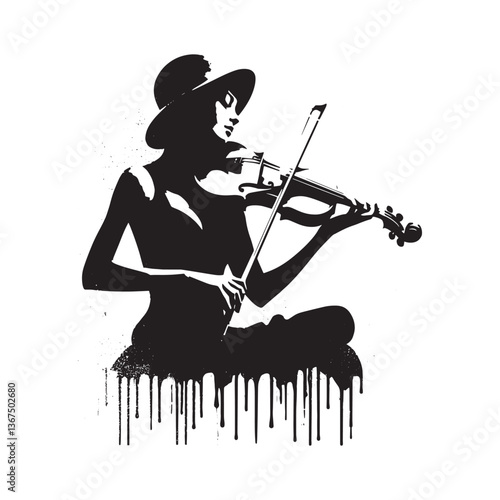 Silhouette of a female violinist with a hat in stencil style design