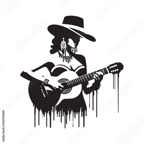 Stencil art of Latin musician playing guitar with dripping paint effects