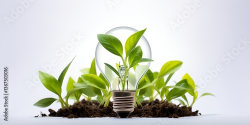 A light bulb with green plants inside on a white background, a concept of eco-friendly energy 