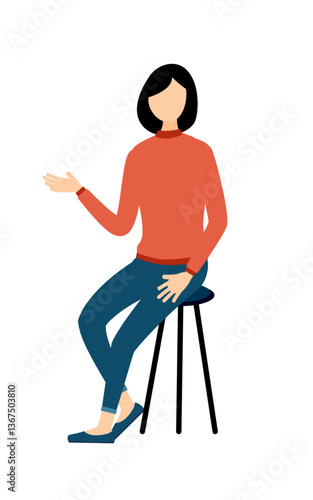 Simple illustration of a woman in a red turtleneck talking while sitting in a chair