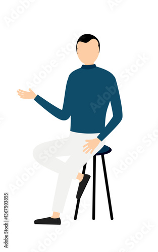 Simple illustration of a man in a blue turtleneck talking while sitting in a chair