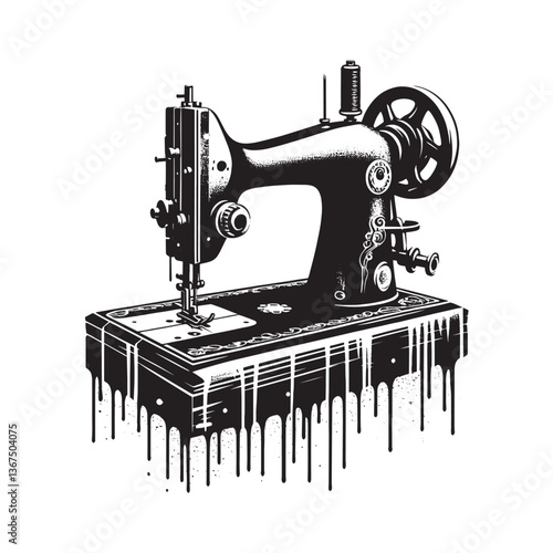 Vintage Sewing Machine with Dripping Paint Effect in Stencil Style Design