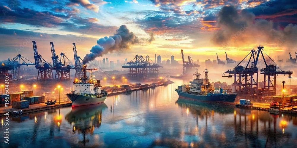 Fototapeta premium Double Exposure: Busy Shipyard with Container Ships and Cranes - Industrial Port Scene