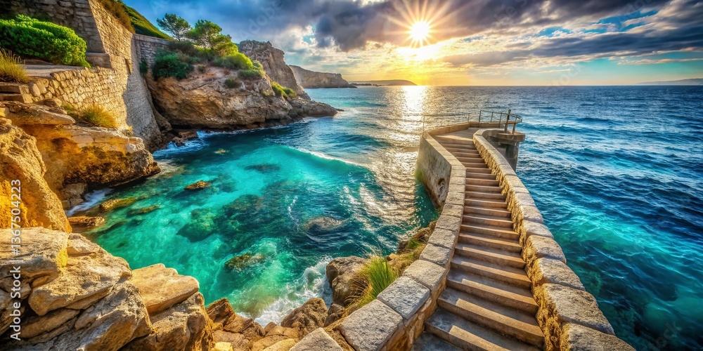 Fototapeta premium Double Exposure: Cala Santanyi Stone Steps & Ocean Waves