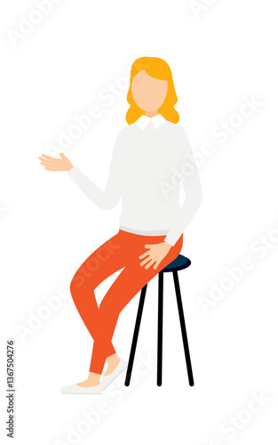Simple illustration of a woman in a gray sweater talking while sitting in a chair