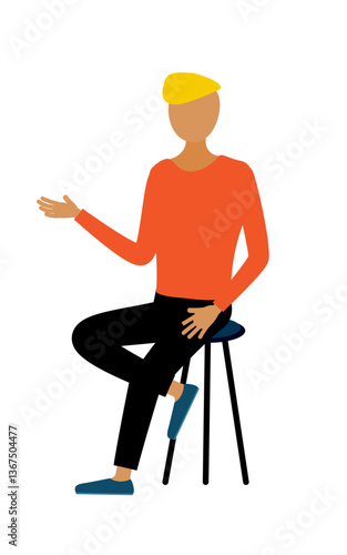 Simple illustration of a man in a red shirt talking while sitting in a chair