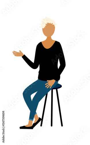 Simple illustration of a woman in a black shirt talking while sitting in a chair