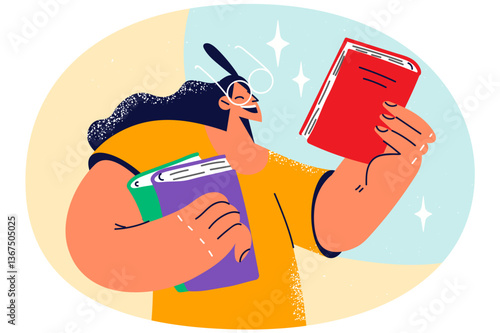 Smiling girl in glasses holding books