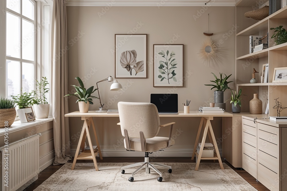 Fototapeta premium Cozy Neutral Freelance Workspace Design with Soft Colors and Functional Furniture
