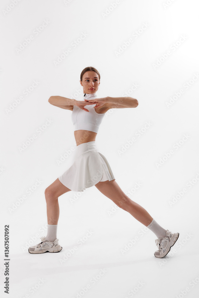 Obraz premium Woman practicing modern dance in a bright studio wearing sporty attire with focused expression during daytime