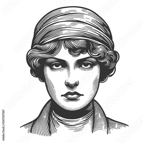 Woman with Headscarf Serious Expression looks from under her forehead with contempt sketch engraving generative ai fictional character vector illustration. Scratch board. Black and white image.