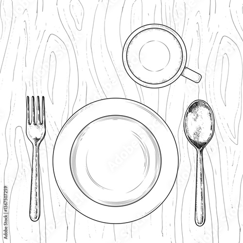 Hand drawn vector illustration of tableware in black and white. Top view sketch featuring plate, cup, fork and spoon. Perfect for restaurant menus, food blogs, and table setting visuals