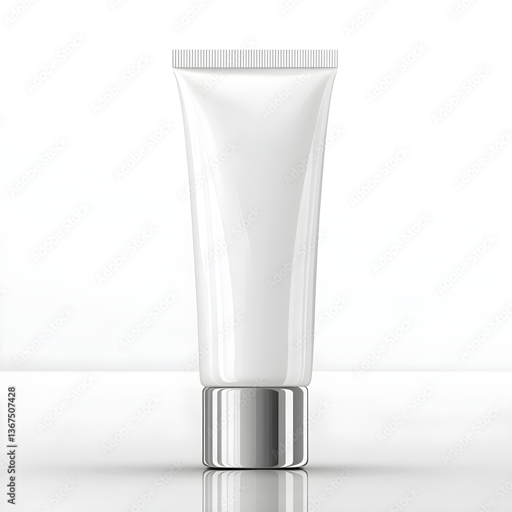 White cosmetic tube standing on reflective surface White cosmetic tube standing on reflective surface