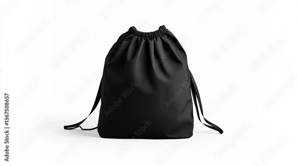 Backpack black mockup bag. Drawstring knapsack isolated pouch on white background. Blank template bag for sportswear or casual travel. Vector illustration Backpack black mockup bag. Drawstring knapsack isolated pouch on white background. Blank template bag for sportswear or casual travel. Vector illustration