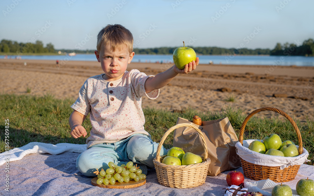 Fototapeta premium Young boy holds up a green apple during a picnic on a sandy beach