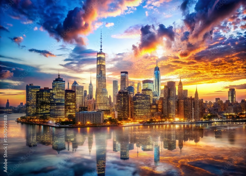 Obraz premium Double Exposure: Manhattan Sunset & Cityscape, NYC Financial District, Hudson River View