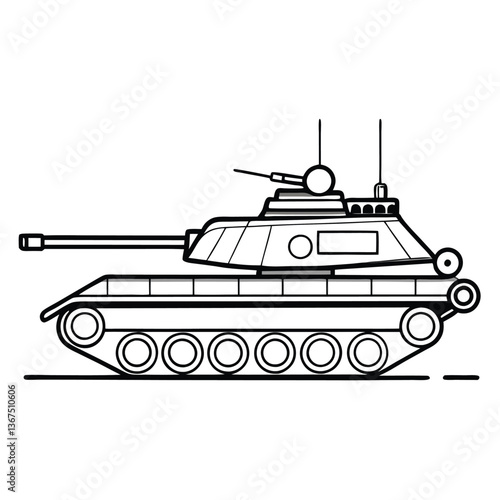 a line drawing of a military tank. The tank is shown in a side view, 