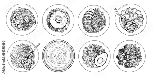 Vector illustration of a balanced meal set in top view. Hand drawn dishes in black and white. Vintage engraving style food sketch perfect for meal prep and diet planning. Ideal for culinary designs
