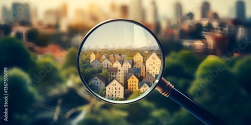 A magnifying glass over small houses, real estate market concept, blurred background, stock photo style. bokeh background