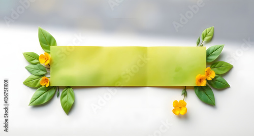 A horizontal banner, for potential use on a website. It features leaves and small yellow flowers framing a green rectangle.