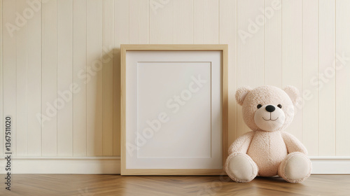 A cozy interior featuring a soft teddy bear beside a blank picture frame on a wooden floor and light-colored walls.