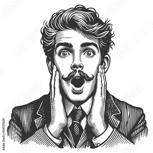 surprised man with wide eyes and hands on his face, expressing shock or amazement sketch engraving generative ai fictional character vector illustration. Scratch board imitation. Black and white image