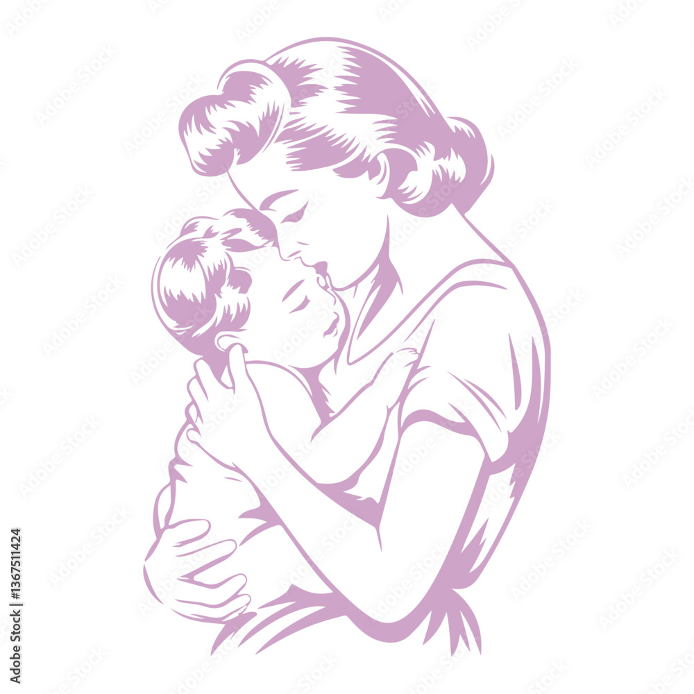 Lavender Lullaby Vector Portrays a Mother's Gentle Embrace with Her Elegant Vintage Hairstyle, and Tenderly Kisses Lavender Lullaby Vector Portrays a Mother's Gentle Embrace with Her Elegant Vintage Hairstyle, and Tenderly Kisses