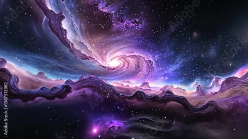 宇宙空間に浮かぶ星雲と星と渦巻きの映像