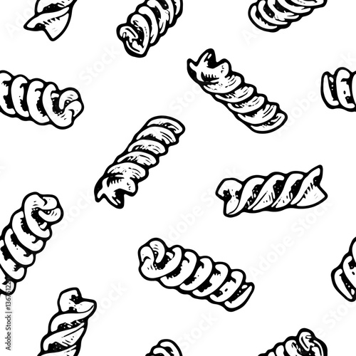 Seamless vector Pattern of hand drawn Pasta fusilli or rotini. Black and white vintage sketch perfect for kitchen textiles and wrapping paper. For Italian food themed backgrounds and culinary designs