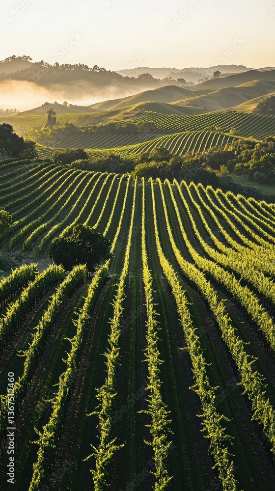 Fototapeta premium Aerial view of vineyard rows creating patterns in green hills at dawn