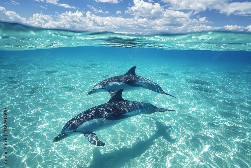 Naklejka premium Two dolphins swim gracefully in clear turquoise waters under a bright sky, showcasing the beauty of marine life and ocean ecosystems.