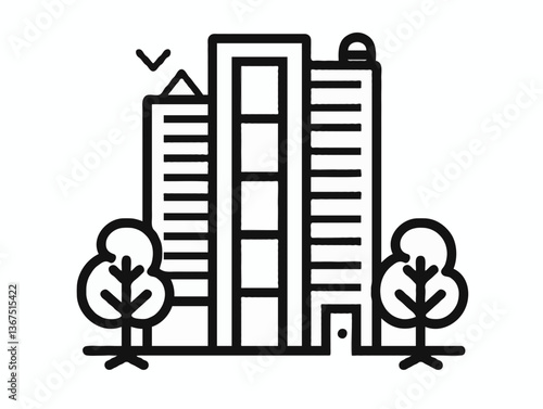 Urban building icon with trees in black outline on white