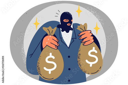 Male robber hold bags with money