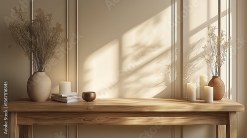 Elegant Minimalist Interior with Wooden Table, Ceramic Vase, and Dried Flowers. Zoom Virtual Background. Virtual Meeting. Cozy Interior Backdrop, Stylish Living Room Design. Contemporary Spaces