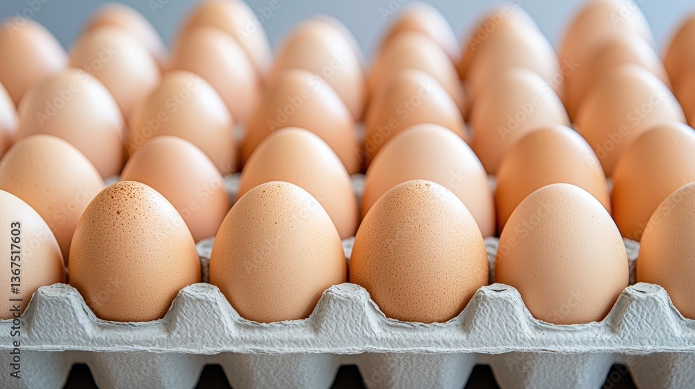 A close-up view of a carton filled with numerous beige eggs, showcasing their smooth surfaces and uniform arrangement. A close-up view of a carton filled with numerous beige eggs, showcasing their smooth surfaces and uniform arrangement.