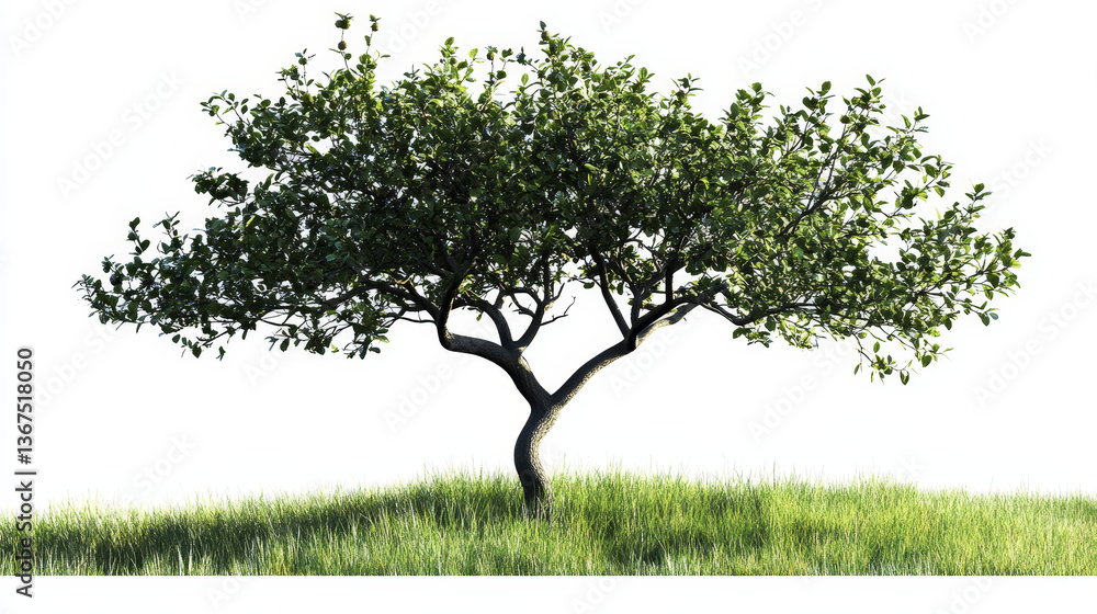 Single plum tree in the middle of a grassy field on white transparent background. 3D rendering illustration. 3D Illustration Single plum tree in the middle of a grassy field on white transparent background. 3D rendering illustration. 3D Illustration