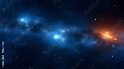 a cosmic scene with a vibrant blue nebula, glowing orange object, and numerous stars, blending celestial elements into a vivid, mesmerizing contrast.