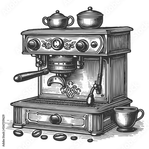classic espresso machine with a grinder on top, brewing coffee into a cup, surrounded by beans sketch engraving generative ai vector illustration. Scratch board imitation. Black and white image.