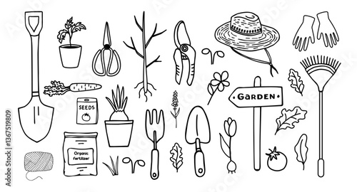 Garden set. Vector illustration with a set of gardening tools, plants and equipment. Plants for planting, shovel, pruning shears, garden hat, fertilizer and seeds. Black and white hand drawn doodles