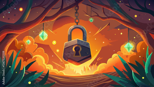 A lock hangs amidst a magical backdrop of twinkling orange lights. It's a scene of enchantment and security, symbolizing secrets and protected realms.