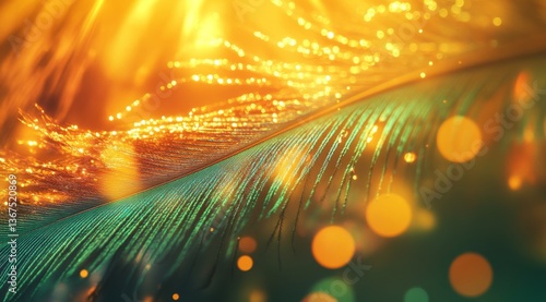 Golden light illuminates vibrant teal feather