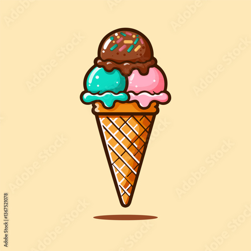 Vector illustration of ice cream cone with 3 fresh and adorable flavors.