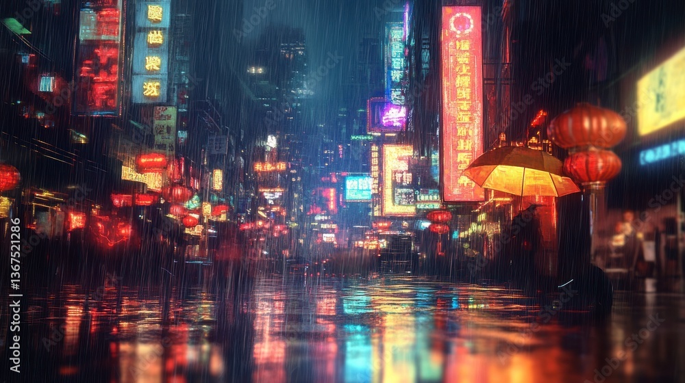 Obraz premium Walking in Rainy Chinatown Street with Neon Lights and Reflections at Night