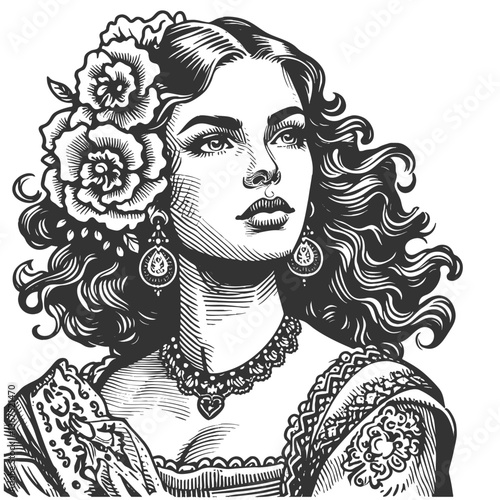 Spanish woman with flowing hair, floral adornments, ornate dress, and detailed jewelry sketch engraving generative ai fictional character vector illustration. Scratch board. Black and white image.