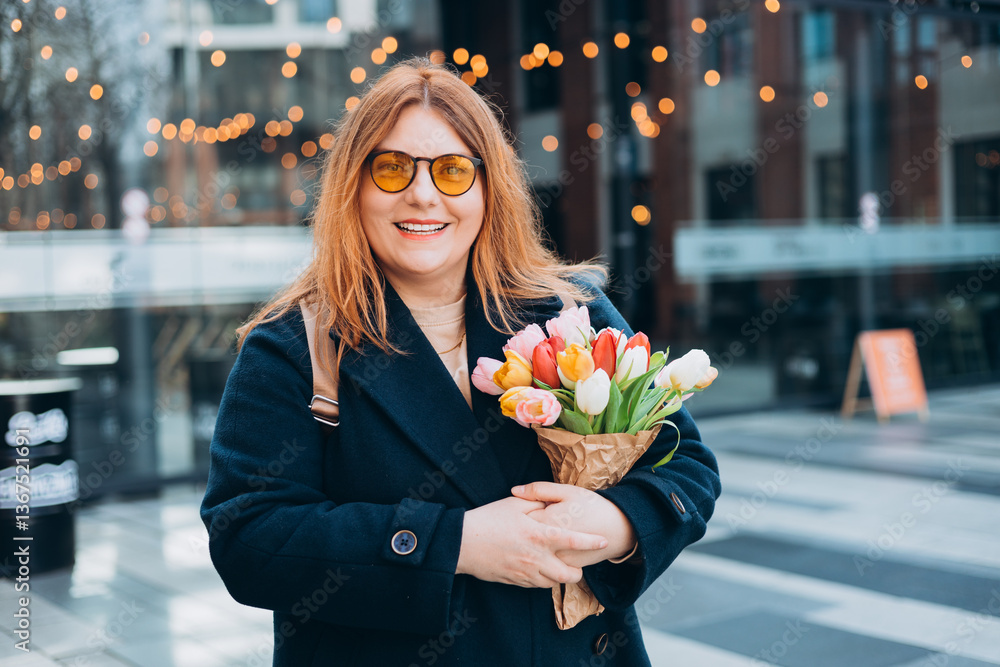 Beautiful young woman with spring tulips flowers bouquet walking at city street. Happy girl posing outdoors. Spring portrait of pretty female on urban background. High quality photo.