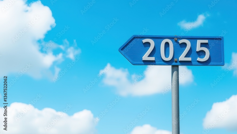 New Year 2025 Signpost Against Blue Sky New Year 2025 Signpost Against Blue Sky