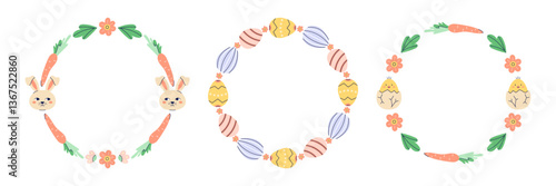 Happy Easter Round 3 frames with chicken, hares and eggs. Happy Easter hand drawn card on white background. Empty space for inscription in the center. Flat illustration with partial outline. Isolated