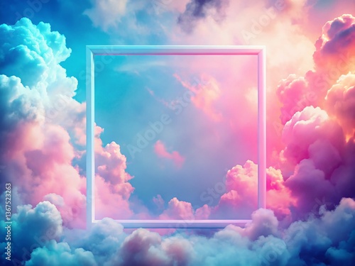 Dreamy Cloudscape with Neon Frame: Surreal Pastel Sky Stock Photo