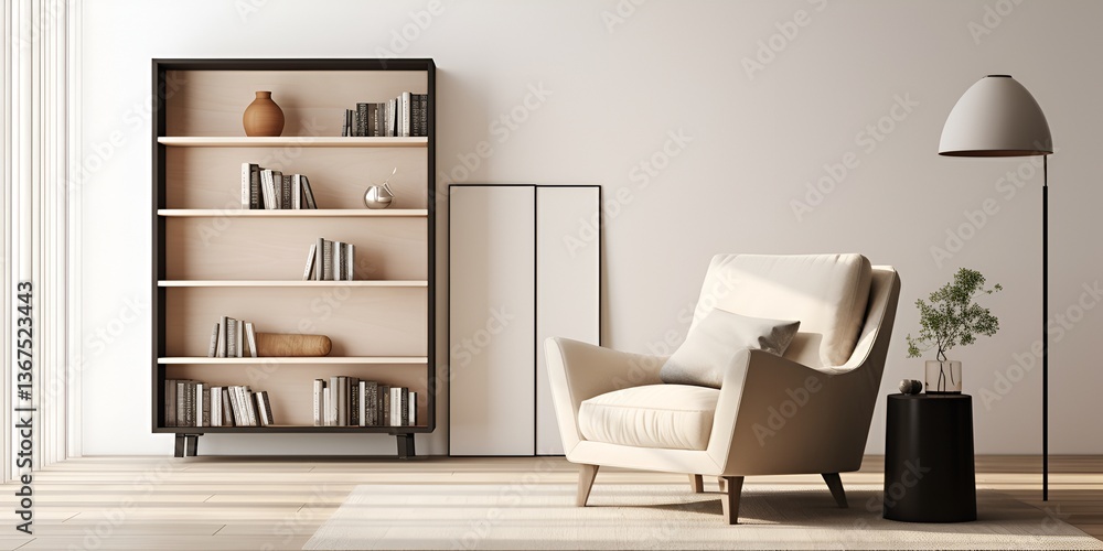 Fototapeta premium A mockup of an empty black frame on the wall in a contemporary living room, featuring a light-colored 