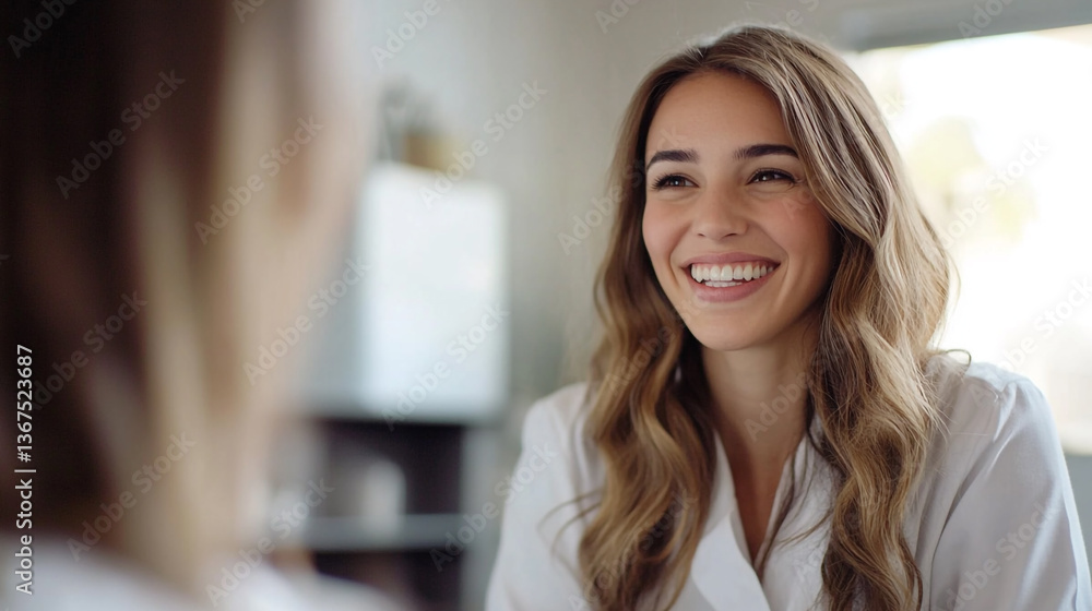 A smiling woman with long wavy hair wearing a white shirt looks at her reflection in a mirror A smiling woman with long wavy hair wearing a white shirt looks at her reflection in a mirror